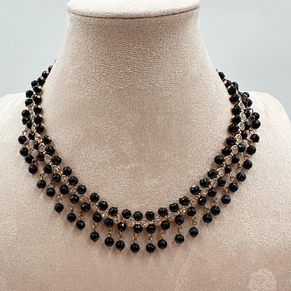 Vintage Avon NRT Black Crystal Glass 16”  Choker Goldtone Necklace